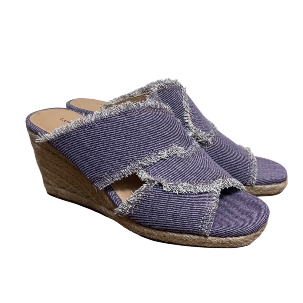 Lucky‎ Brand Purple Denim Frayed Espadrille Wedge Sandals Womens Size 6.5 M